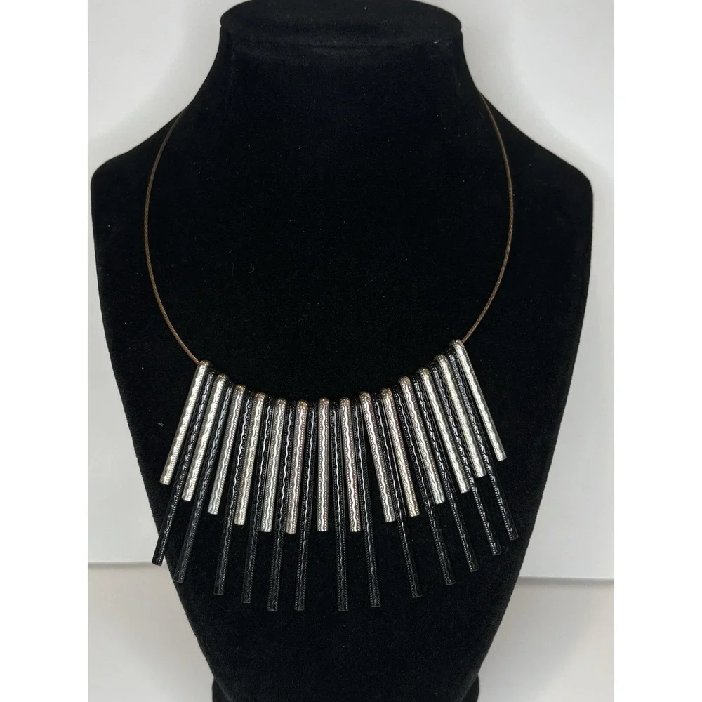 Bar Fringe Statement Necklace Modern Geometric Black Silver Tone 20